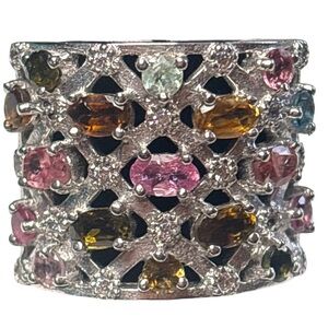 Elegant Multicolor Gemstone Silver Ring Size 8